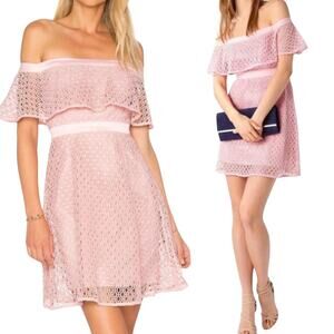 Bardot Lace Mini Dress Off the Shoulder Ruffle Eyelet Embroidered Pink Womens 10